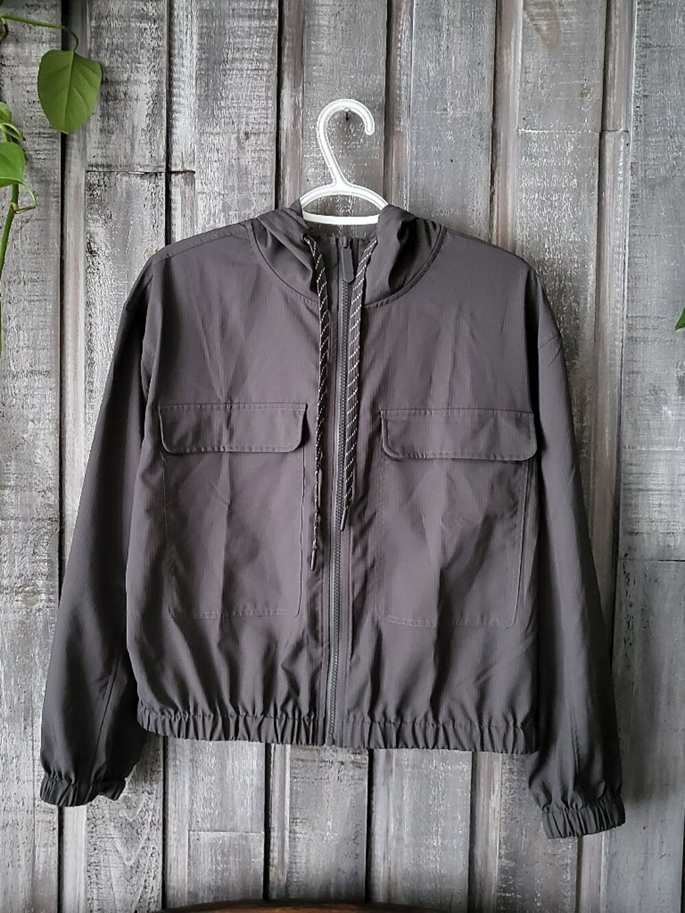 Charcoal Grey Cropped Hooded Windbreaker Jacket M